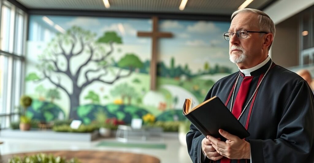 Ksiądz w tradycyjnych strojach kościelnych stoi przed ośrodkiem ekologicznym, wyrażając obawę wobec synkretyzmu religijnego i bałwochwalstwa.