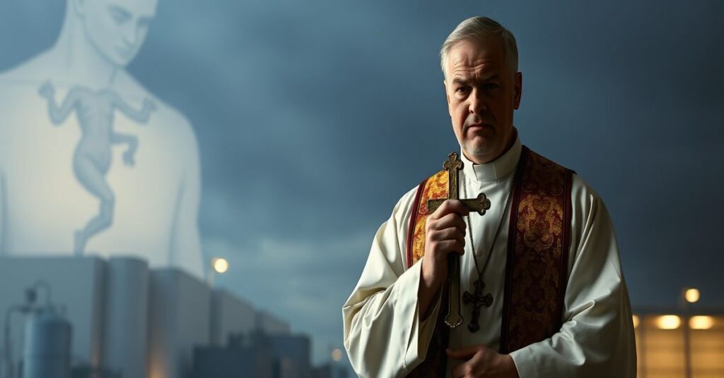 Ksiądz w tradycyjnych strojach kapłańskich trzymający krzyż przed nowoczesnym ośrodkiem medycznym, symbolizujący moralny konflikt wokół szczepionek wyprodukowanych z komórek płodowych