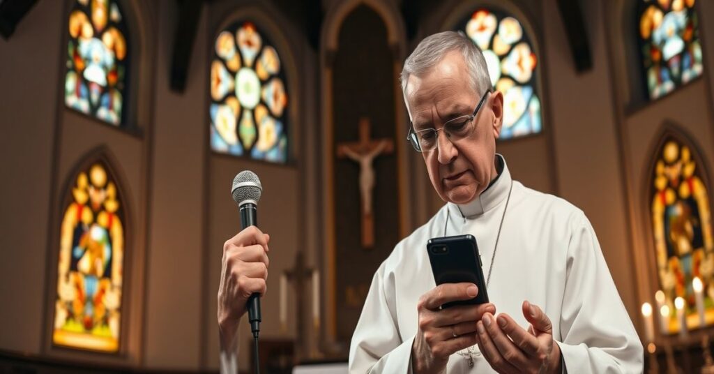 Ksiądz w tradycyjnym sutannie stoi w kaplicy z witrażami i ołtarzem, trzymając telefon z komunikatem o płatnym dostępie do treści katolickich.