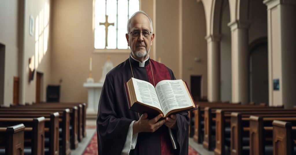 Ksiądz w tradycyjnych ornatach stoi przed pustym ołtarzem w nowoczesnym kościele, trzymając Biblię z modernistycznymi fałszerstwami. Wnętrze kościoła ma minimalistyczne dekoracje i ciemną przedsionek.
