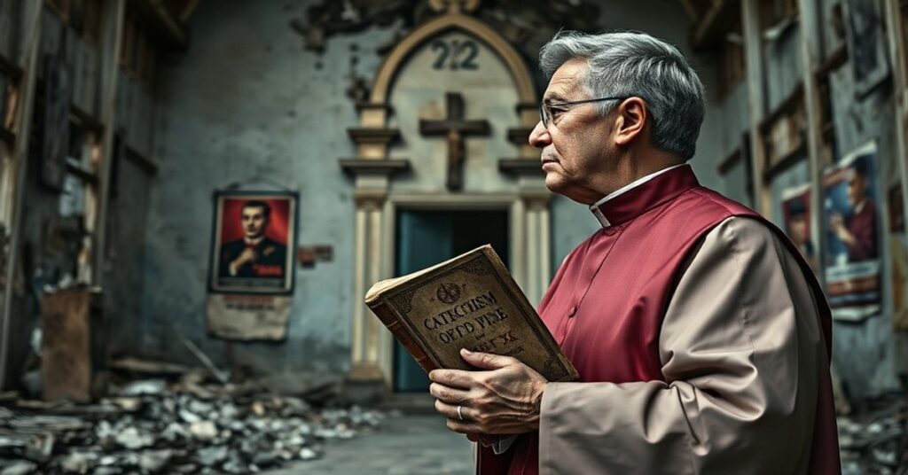 Tradycyjny ksiądz katolicki w ornacie staje przed ruinami kościoła na Kubie, z komunistycznymi plakatami w tle. Przedstawia walkę wiary z komunistycznym uciskiem.