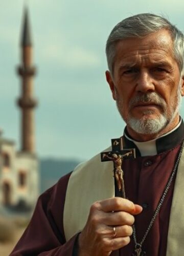 Ksiądz przed zrujnowanym kościołem w Turcji - cierpienie chrześcijan Tradycyjny katolicki ksiądz w szatach liturgicznych stoi przed zrujnowanym kościołem w Turcji, trzymając krzyż. Tło przedstawia opuszczony krajobraz z minaretami i blaknącym krzyżem chrześcijańskim.