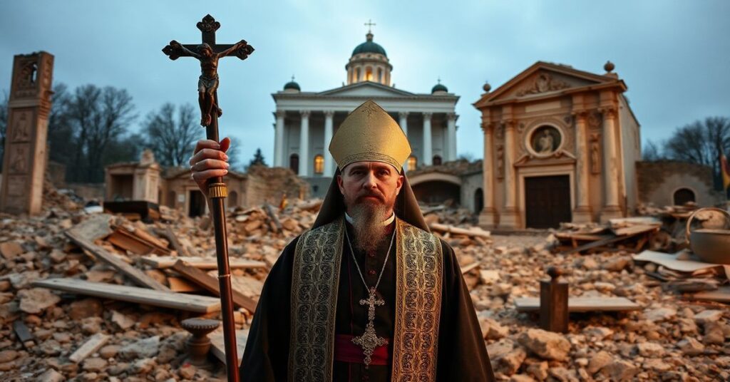 Ksiądz z krzyżem przed zniszczonym kościołem na Bliskim Wschodzie lub Ukrainie, z budynkiem UNESCO w tle.