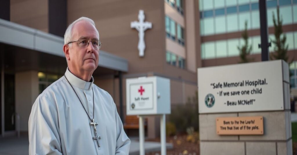 Ksiądz w tradycyjnym sutannie stoi przed 'Safe Haven Baby Box' w szpitalu w Idaho, symbolizując konflikt między naturalistycznym dobroczynnością a boskim miłosierdziem.