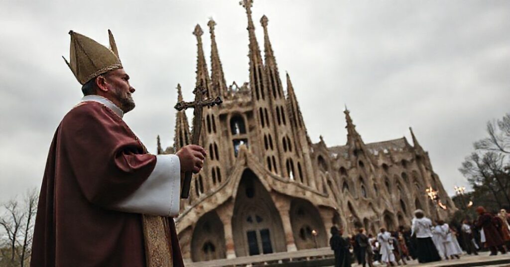 Tradycyjny katolicki ksiądz w pełnej liturgicznej szacie stoi przed nieukończoną fascją Sagrada Família w Riudoms, z wyraźnym niechętnym wyrazem twarzy.