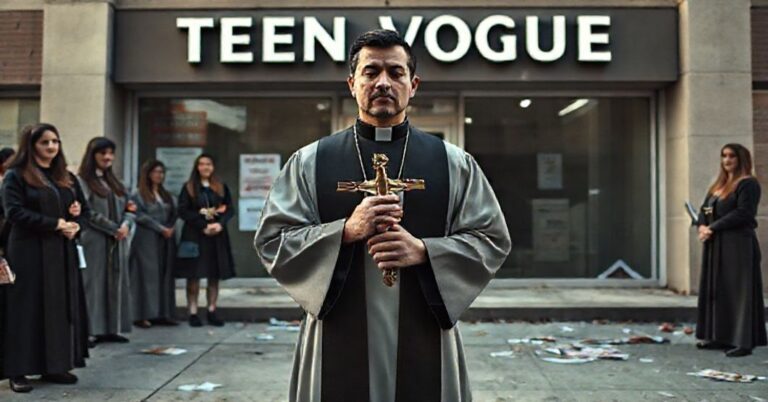 Ksiądz w tradycyjnych szatach liturgicznych modli się przed siedzibą Teen Vogue, otoczony aktywistami pro-life.