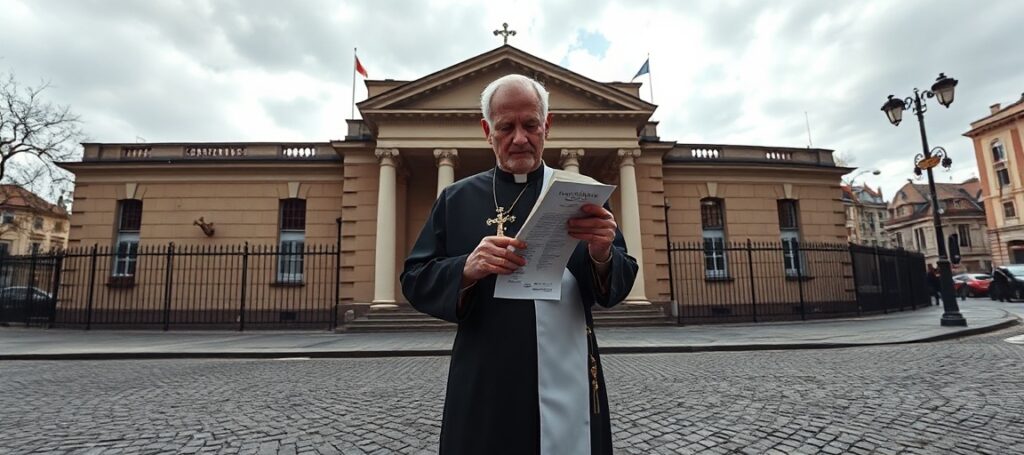 Ksiądz w tradycyjnym stroju liturgicznym stoi przed zamkniętym urzędem stanu cywilnego w Warszawie, trzymając krzyż i kopię Konstytucji RP. Jego twarz wyraża głęboki smutek i troskę.