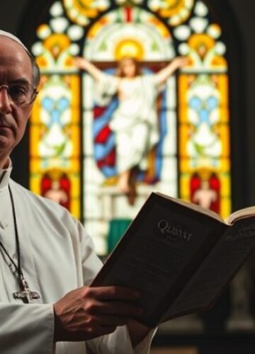 Katolicka perspektywa na umowę handlową UE-USA Katedra z witrażem przedstawiającym Chrystusa Króla, przy którym stoi katolicki ksiądz w tradycyjnym stroju liturgicznym.
