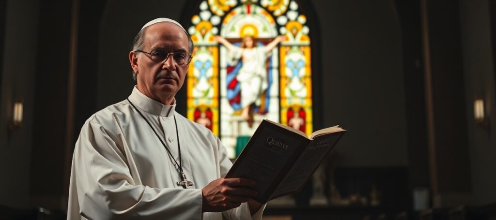 Katedra z witrażem przedstawiającym Chrystusa Króla, przy którym stoi katolicki ksiądz w tradycyjnym stroju liturgicznym.