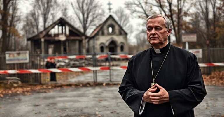 Ksiądz modlący się przed zamkniętym przejściem granicznym w Kuźnicy, na tle zniszczonej cerkwi i prześladowanych katolików białoruskich.