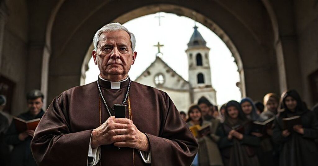 Ksiądz w tradycyjnym habitatce przed zniszczonym kościołem na Ukrainie z grupą uchodźców trzymających ikony