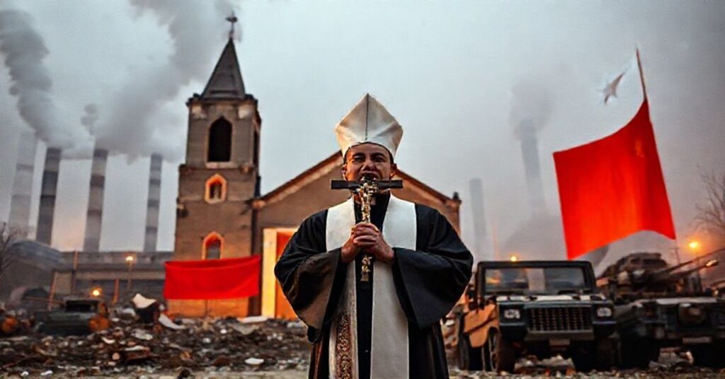 Ksiądz katolicki stoi przed zniszczonym kościołem w Chinach z krzyżem w ręku na tle fabryk i pojazdów wojskowych