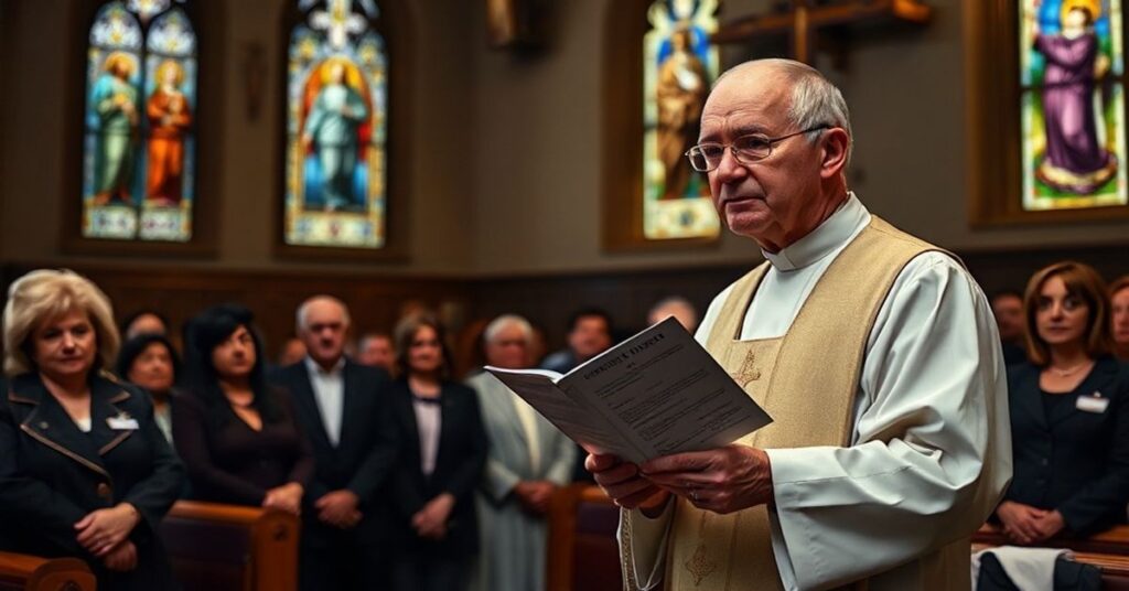 Ksiądz w tradycyjnym stroju liturgicznym przemawia do parafian w kościele, trzymając kopię ustawy o zwalczaniu nienawiści.