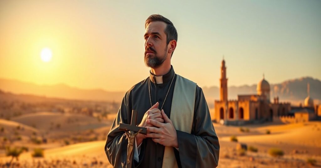 Ksiądz w tradycyjnym stroju katolickim na pustyni algierskiej trzyma krzyż, symbolizując walkę duchową między prawdziwą wiarą a fałszywymi naukami