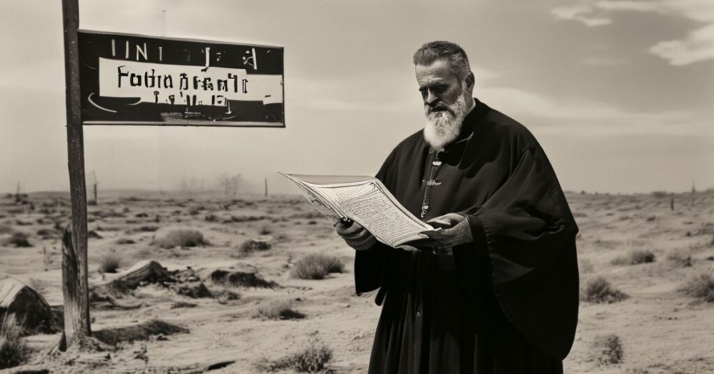 Ksiądz w tradycyjnych szatach stojący na pustyni Sahelu przed napisem 'Fundacja Jana Pawła II'