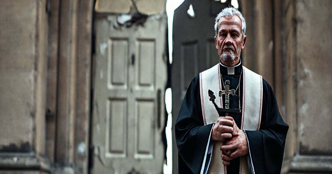 Ksiądz w tradycyjnym stroju liturgicznym stoi przed uszkodzonym wejściem do kościoła, trzymając krzyże, z patosem i troską patrząc w dal. Scena podkreśla kontrast między świętością a przemocą społeczną.
