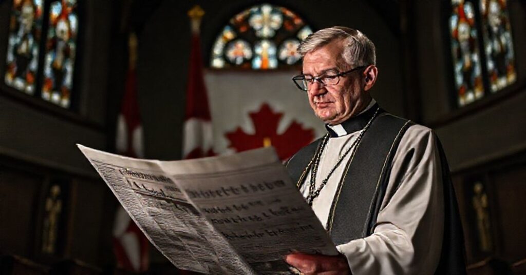 Ksiądz w tradycyjnych szatach liturgicznych stojący przed flagą Kanady, trzymając różaniec i patrząc na gazetę z nagłówkiem o kontrowersji w sprawie grobów w Kamloops.
