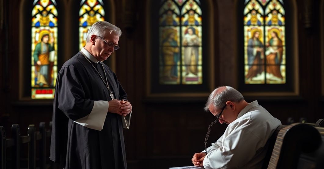 Ksiądz w tradycyjnym stroju liturgicznym w kaplicy z młodym mężczyzną w smutku