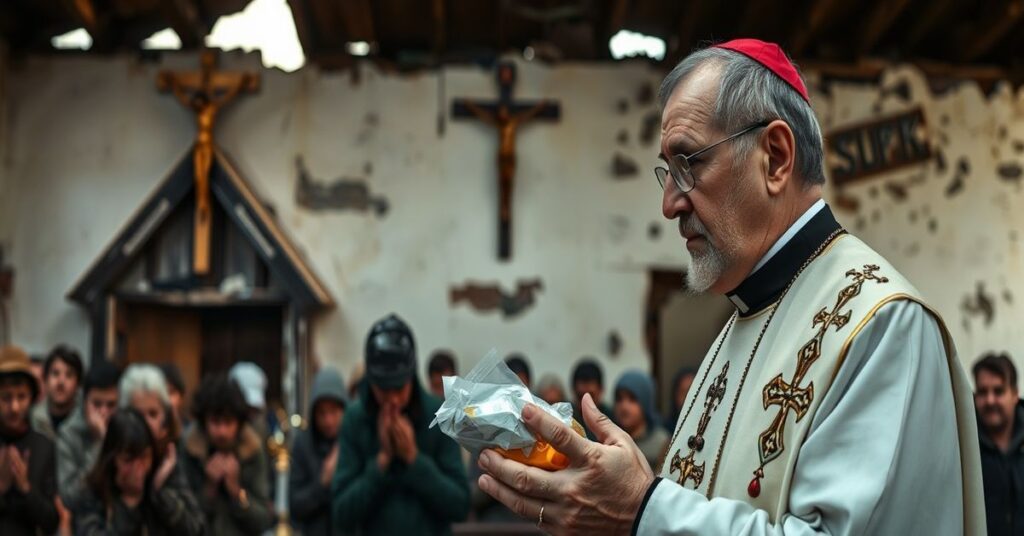 Tradycyjny katolicki ksiądz rozdaje pomoc ubogim ukraińskim uchodźcom przed zrujnowanym kościołem z krzyżem na tle.