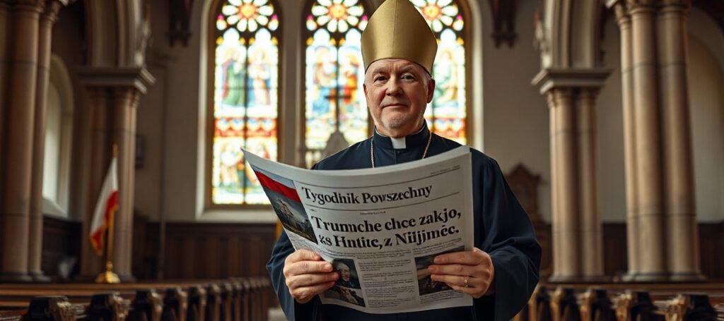 Ksiądz stojący w tradycyjnym kościele polskim z czasopismem Tygodnik Powszechny o polityce USA i Niemiec