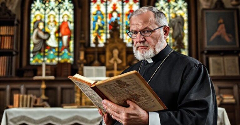 Ksiądz w tradycyjnym stroju kościelnym rozważa nowelizację ortografii przed ołtarzem kościoła