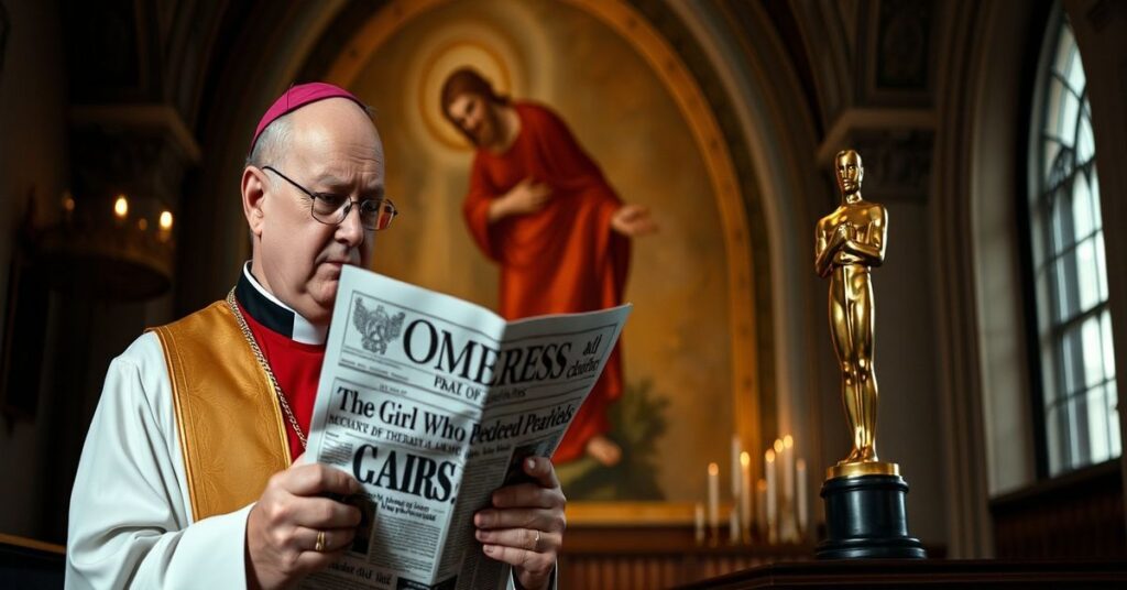 Ksiądz w tradycyjnych szatach liturgicznych trzymający gazetę z nagłówkiem o Oscarach dla filmu 'The Girl Who Cried Pearls', stojący w ciemnym kościele.