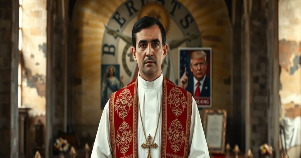 Tradycyjny katolicki ksiądz w ornaty przed ruinami kościoła na Kubie z plakatem politycznym Trumpa i Rubio w tle