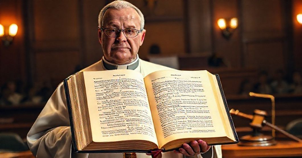 Ksiądz w tradycyjnym ornaty trzyma otwartą Biblię z słowami o stworzeniu człowieka i kobiety przed sądem w Północnej Dakocie