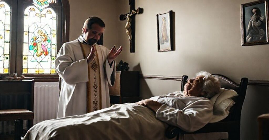 Ksiądz w tradycyjnych szatach liturgicznych udzielający sakramentu chorym starszej kobiecie w ciepłym i poważnym wnętrzu