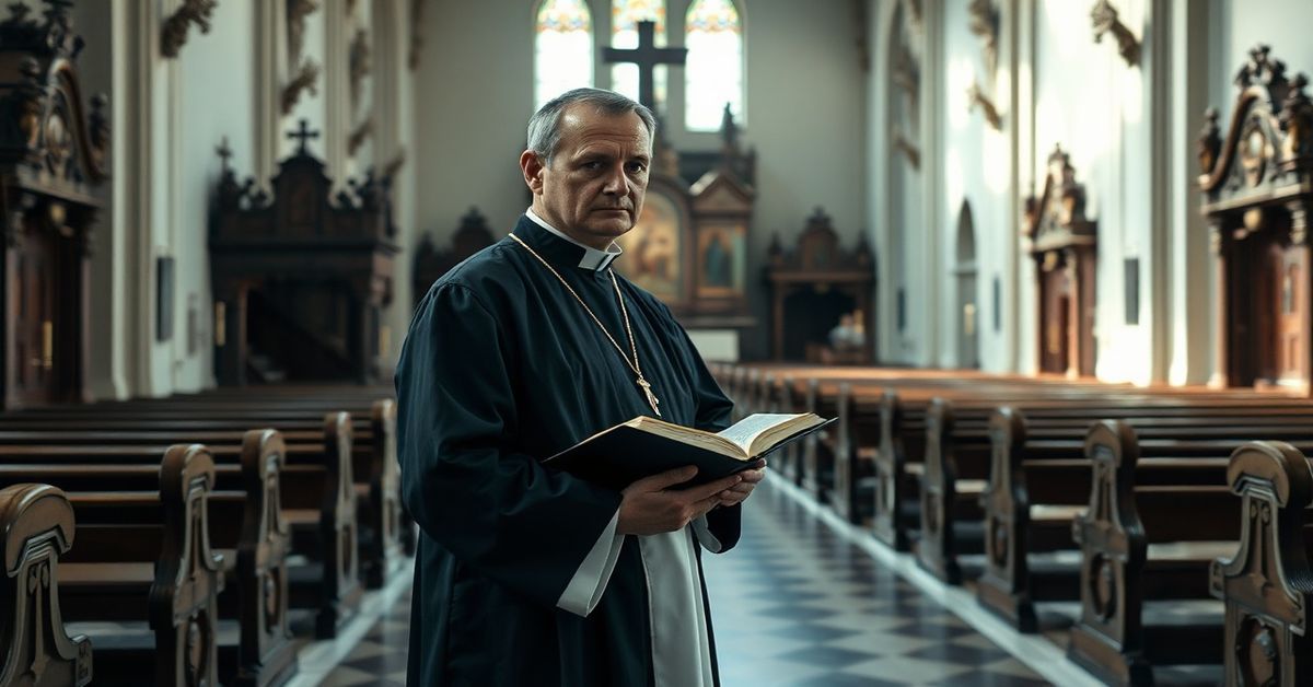 Pusty kościół w stylu barokowym z samotnym księdzem w tradycyjnym habitach mającym na twarzy wyraz głębokiej smutku i samotności.