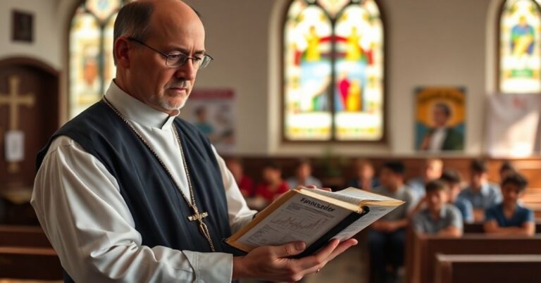 Ksiądz w tradycyjnym stroju kościelnym patrzy z troską na dokument finansowy banku Santander, podczas gdy dzieci uczestniczą w programie edukacyjnym "Finansiaki" w tle.
