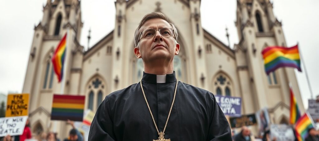 Tradycyjny katolicki ksiądz w stroju duchownym stojący przed katedrą w Seattle, z tłem protestacyjnych transparentów i flag LGBT