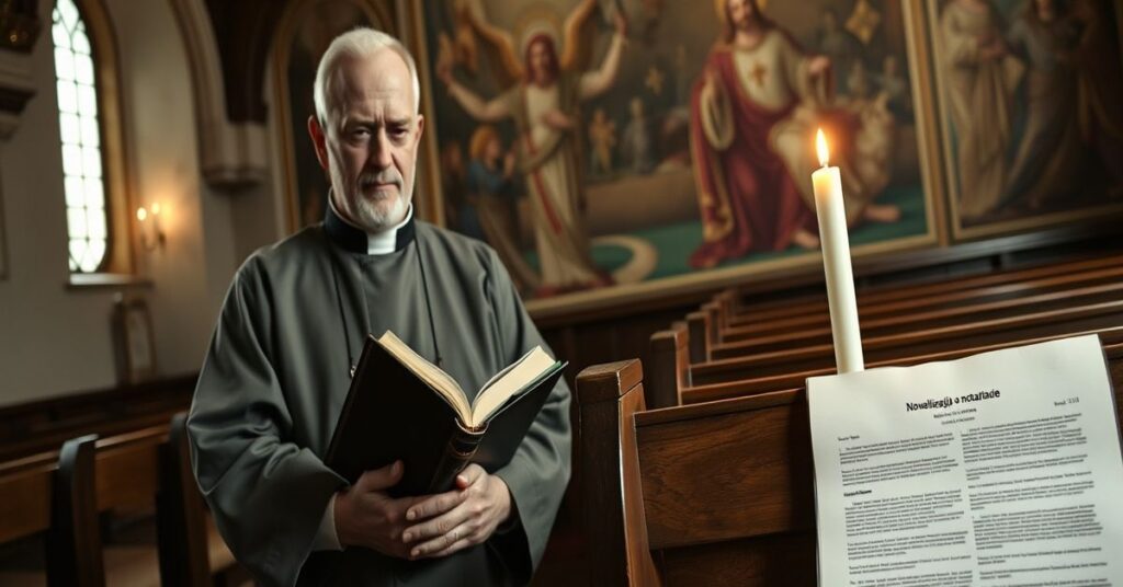 Sedevacantysta ksiądz w tradycyjnym ubiorze kościelnym stoi w ciemnej kaplicy obok nowelizacji prawa o notariacie, trzymając Biblię.