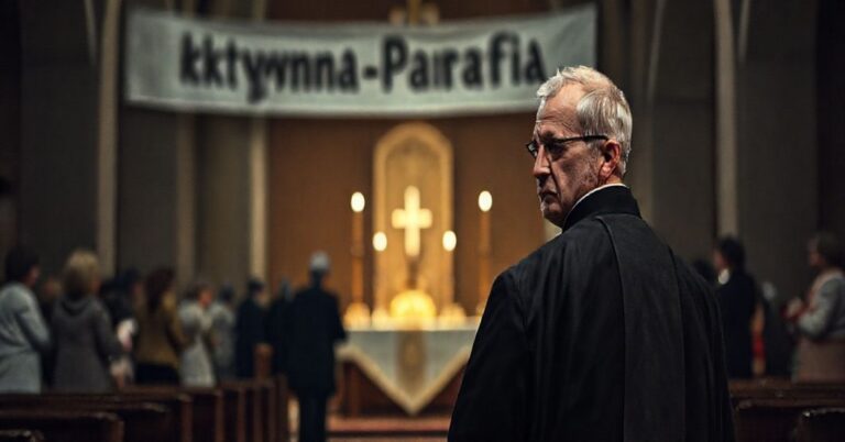 Melancholiczny ksiądz w tradycyjnym stroju kościelnym patrzy na nowoczesny plakat 'Aktywna Parafia' w opuszczonym kościele.
