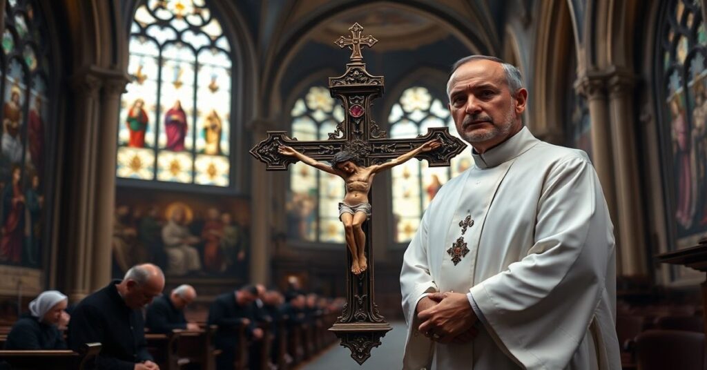 Ksiądz sedevacantystowski w stroju liturgicznym trzyma przed sobą bogato zdobiony krzyż w starym kościele gotyckim.