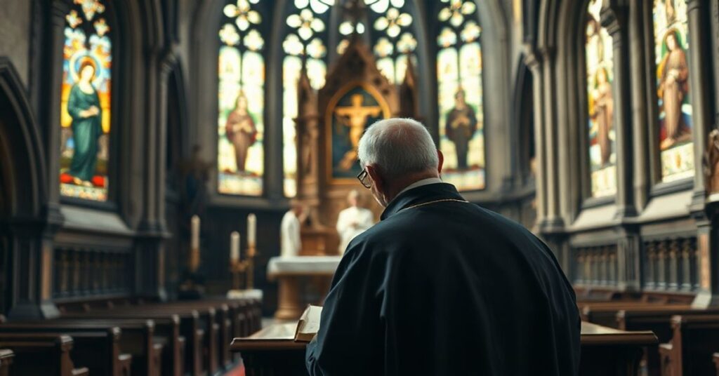 Stary ksiądz sedewakantysta w tradycyjnym kaszule stoi w starej kościele z zamkniętym tabernakulum, ze smutnym wyrazem twarzy