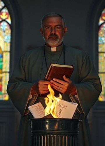 Ksiądz sedewakantysta odrzuca nowoczesne herezje Ksiądz sedewakantysta w tradycyjnym kościele, trzymający Biblię, z palącymi się materiałami propagandowymi Dykasterii ds. Komunikacji u jego stóp.