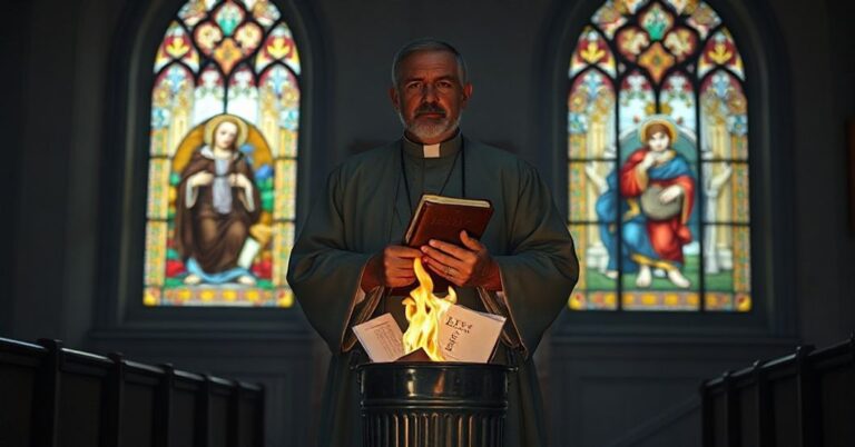 Ksiądz sedewakantysta w tradycyjnym kościele, trzymający Biblię, z palącymi się materiałami propagandowymi Dykasterii ds. Komunikacji u jego stóp.