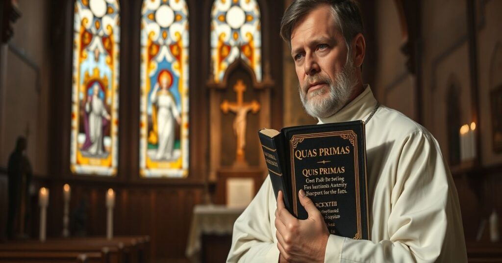 Ksiądz sedewakantysta w tradycyjnym kościele trzymający encyklikę Quas Primas Piusa XI