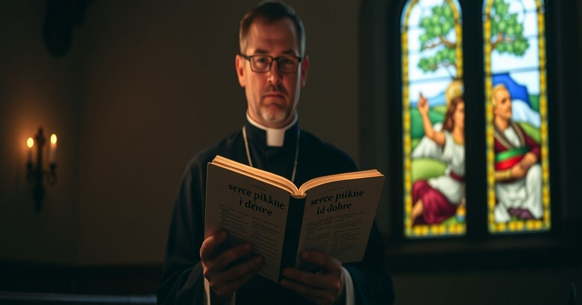 Ksiądz w tradycyjnym ornamentu kościelnym trzyma otwartą Biblię z tekstem 'serce piękne i dobre' w oświetlonym przez świecę kościele.