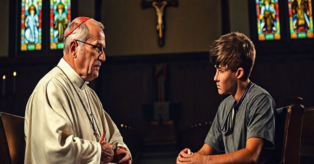 Tradycyjny ksiądz w konfesjonale słucha zmartwionego sportowca w kościele, symbolizując duchowe niebezpieczeństwa kultu ciała.