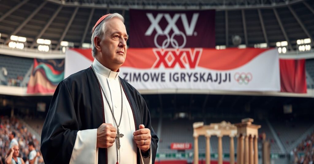 Ksiądz w tradycyjnym ornaty stoi przed stadionem olimpijskim, trzymając różaniec