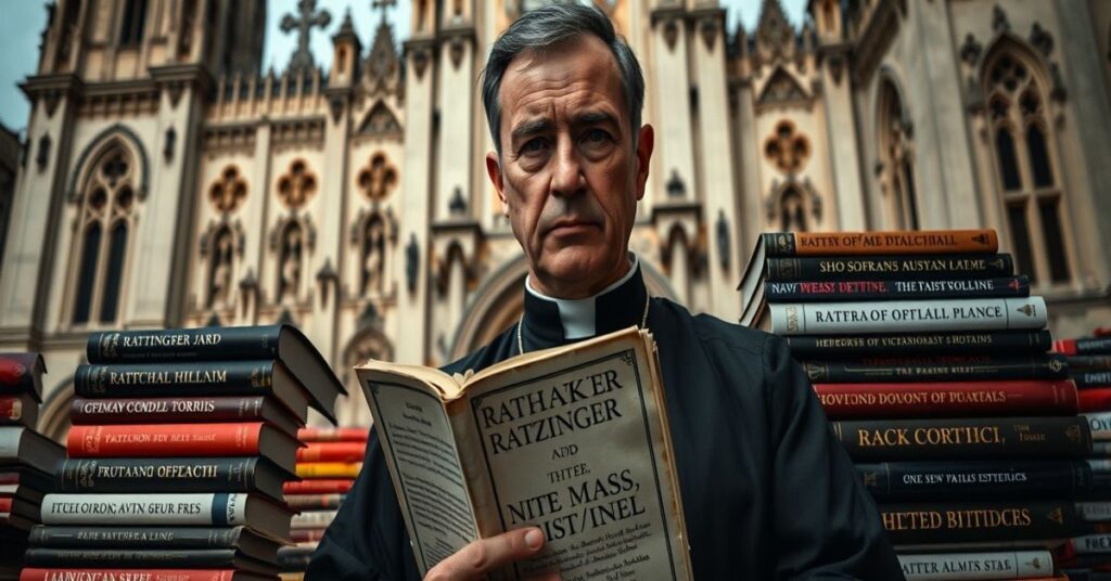Tradycyjny ksiądz w sutannie stoi przed katedrą z książkami Ratzingera, symbolizując walkę o prawdziwą katolicką naukę.