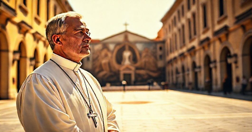 Ksiądz przed mafijnym budynkiem w Sycylii - duchowe przeciwstawienie Katolicki ksiądz w tradycyjnych szatach liturgicznych stoi na sycylijskim placu z wyrazem żalu i rezolucji na twarzy.