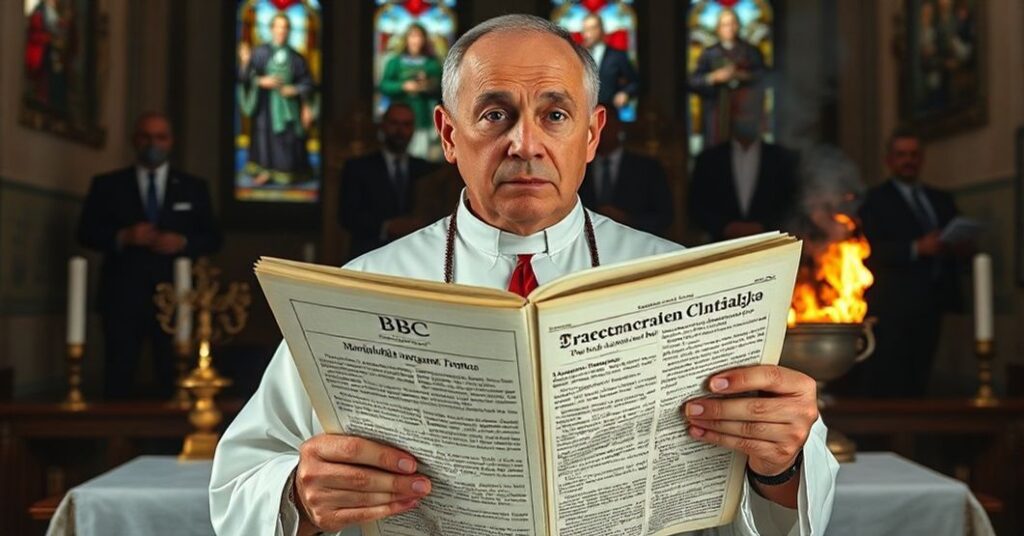 Katolicki ksiądz w tradycyjnych szatach liturgicznych trzyma manuskrypt z tekstem Syllabusa Piusa IX przed ołtarzem, podczas gdy gazeta BBC jest palić w kadzidle na tle scen korupcji medialnej.