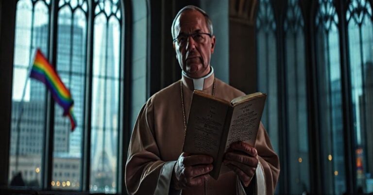 Sobieżny ksiądz w tradycyjnych szatach stojący w kościele, trzymający egzemplarz Syllabusa Błędów, z poważnym wyrażeniem twarzy, patrzący na współczesne miasto z flagami LGBT. Kontrast pomiędzy sakralnym a świeckim podkreśla kryzys moralny opisany w artykule.