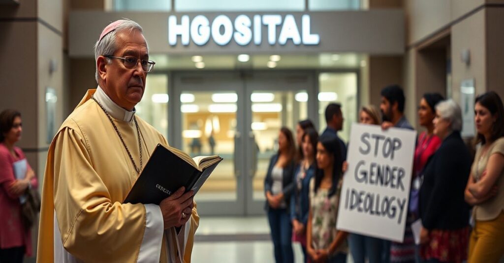 Ksiądz w tradycyjnych szatach liturgicznych stając przed szpitalem w San Diego, trzymający Biblię i patrzący na rodziców z dziećmi. Tło ukazuje protest przeciwko ideologii gender.
