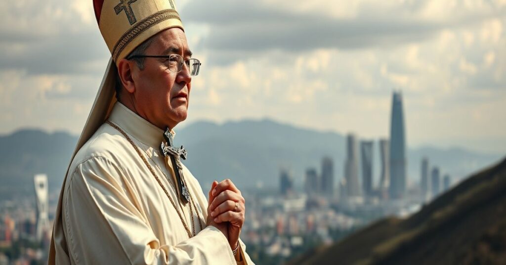 Katolicki ksiądz w tradycyjnych ornatach trzymający krzyż, stojący przed tajwańską scenerią z nowoczesnymi budynkami w tle.