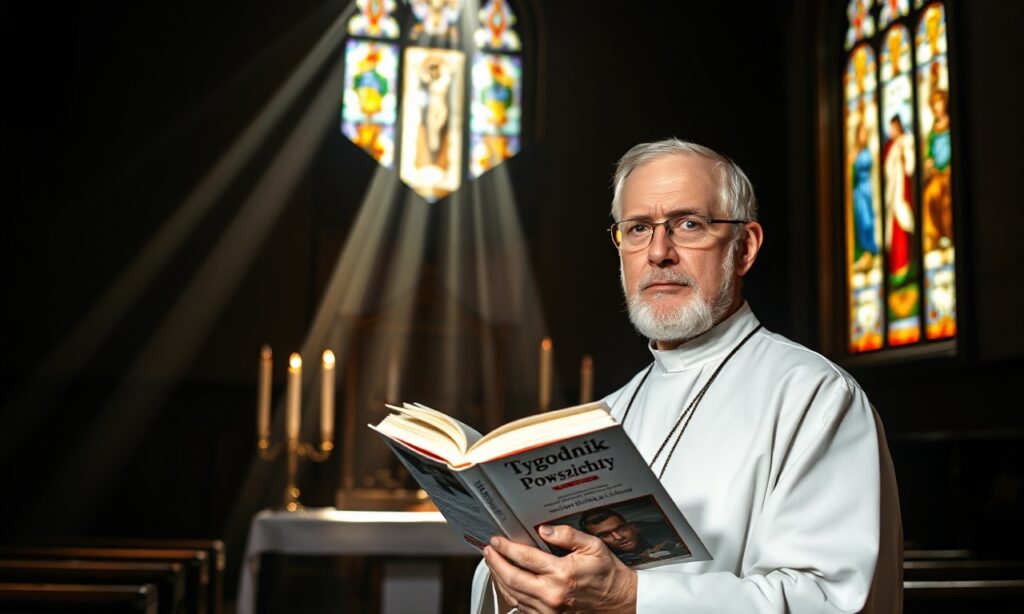 Staruszek ksiądz Tomasz Stawiszyński stojący w ambonie kościoła z czasopismem Tygodnik Powszechny w ręku.
