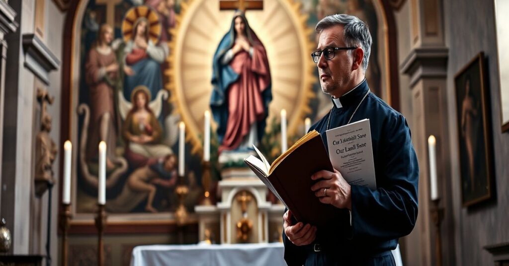 Ksiądz w tradycyjnym habitach przed ołtarzem w Castel Gandolfo, trzymający dokument Lamentabili Sane, z obrazem Matki Boskiej Bolesnej w tle.